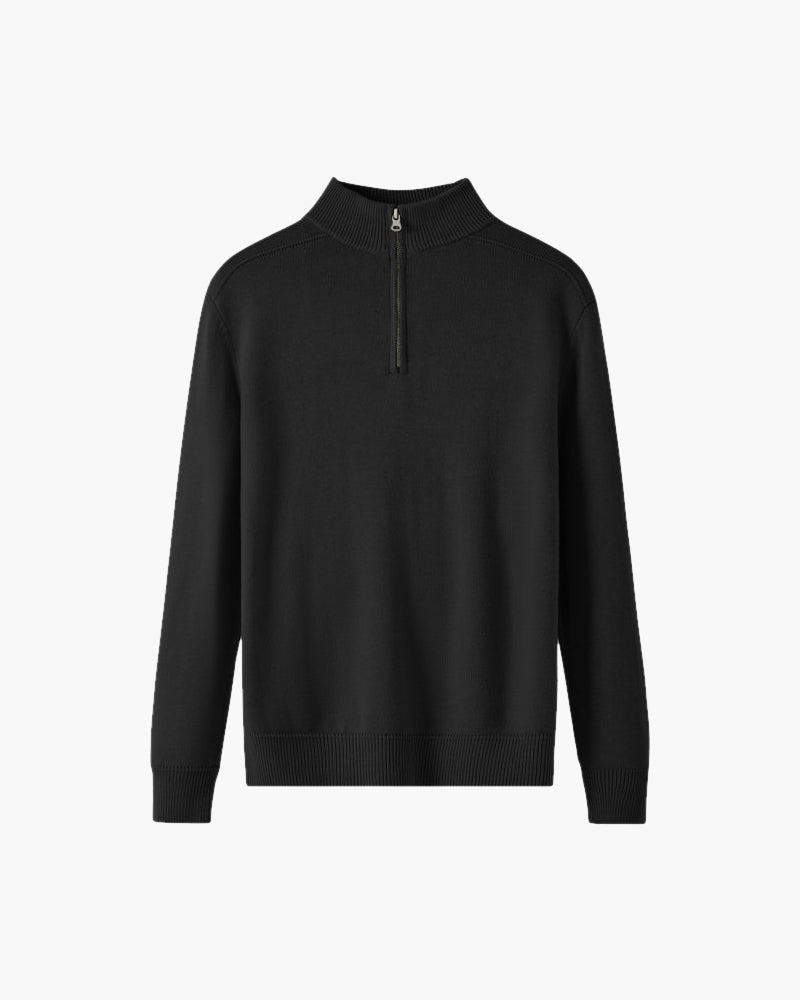 Men's Merino Wool Half-Zip Sweater with Ribbed Trims - Black
