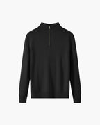 Men's Merino Wool Half-Zip Sweater with Ribbed Trims - Black