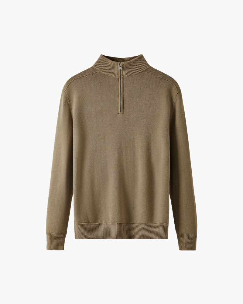 Men's Merino Wool Half-Zip Sweater with Ribbed Trims - Beige