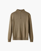 Men's Merino Wool Half-Zip Sweater with Ribbed Trims - Beige
