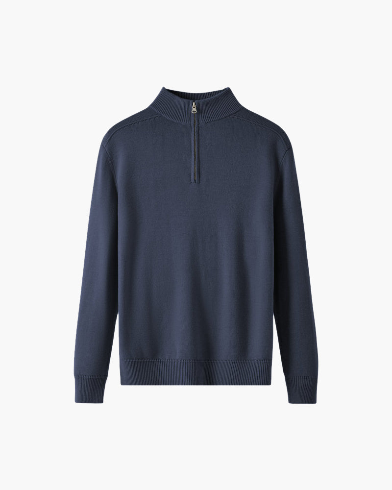 Men's Merino Wool Half-Zip Sweater with Ribbed Trims - Navy