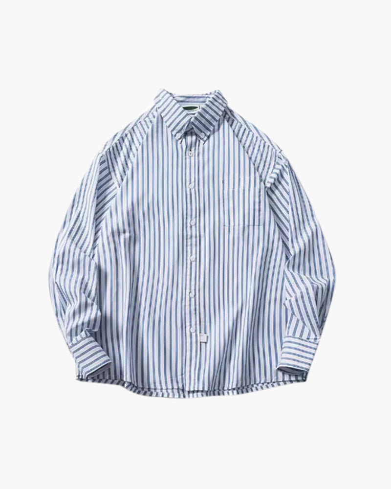 Men's Oversized Striped Cotton Shirt with Long Sleeves - Light Blue