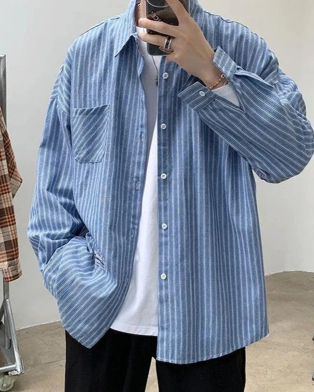 Men's Oversized Striped Cotton Shirt with Long Sleeves