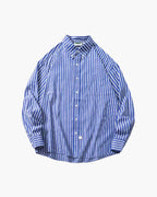 Men's Oversized Striped Cotton Shirt with Long Sleeves - Blue