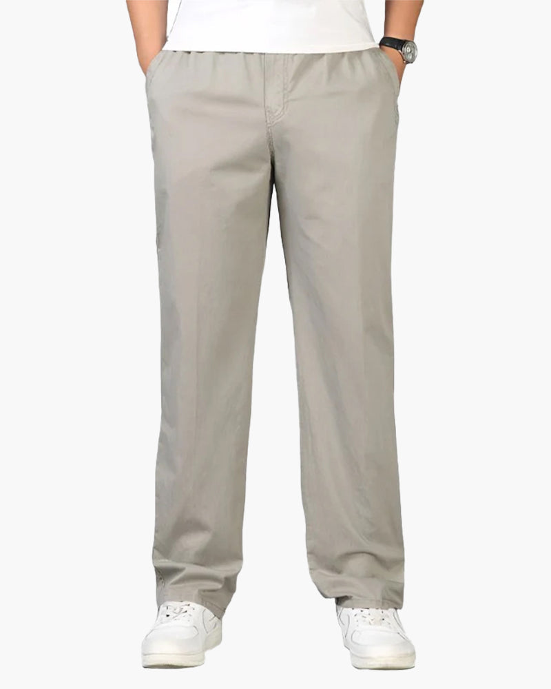 Men's Relaxed Cotton Drawstring Trousers with Straight Leg - Light Gray