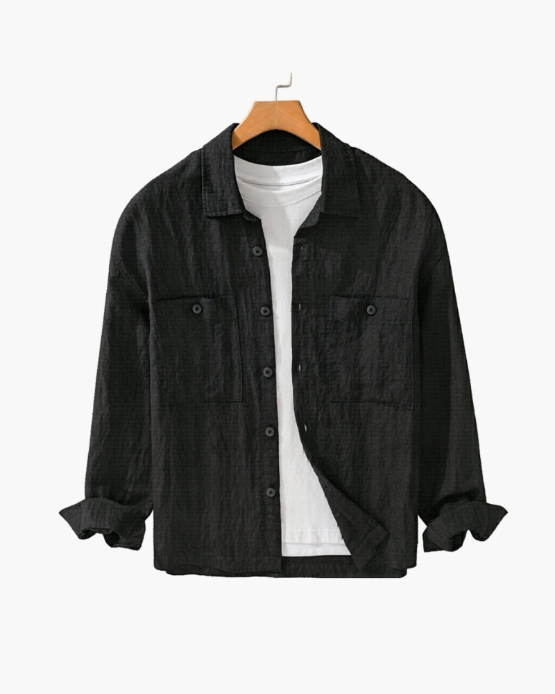 Men's Relaxed Overshirt with Button Front and Chest Pockets - Black