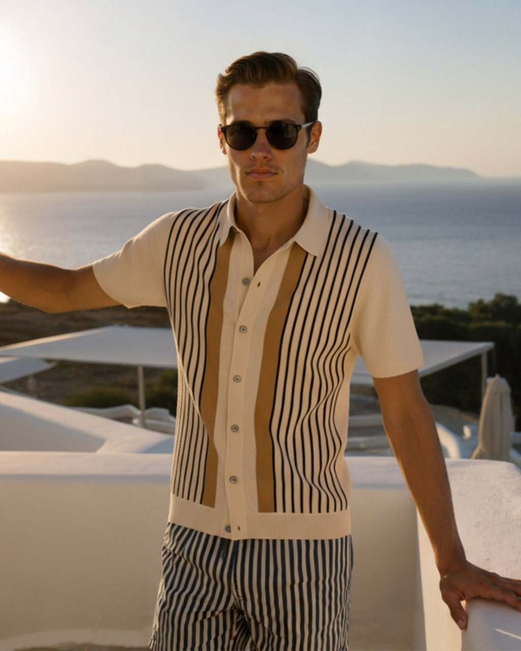 Men's Retro Stripe Knit Polo with Contrast Placket