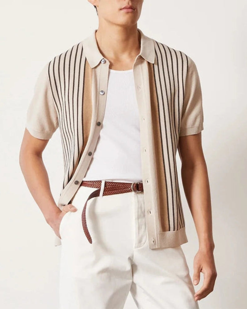 Men's Retro Stripe Knit Polo with Contrast Placket