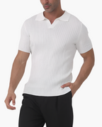 Men's Ribbed Cotton Polo with Mesh Panels and Button Placket - White