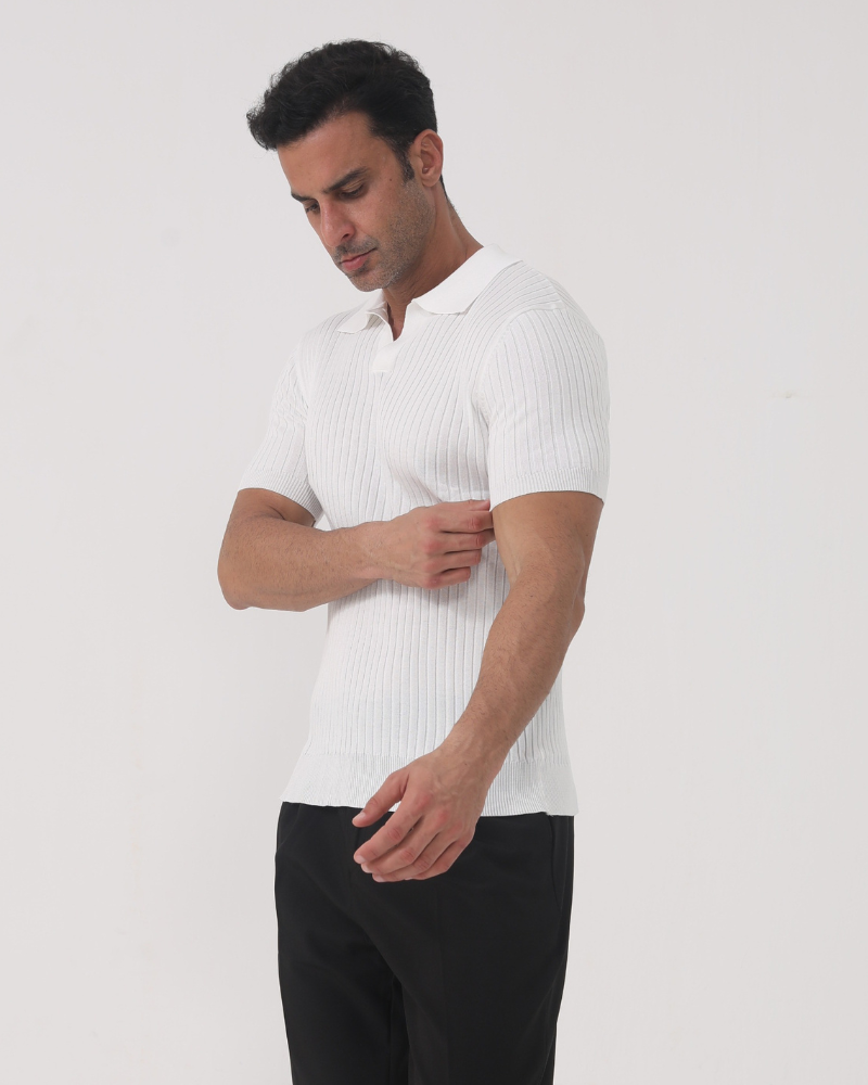 Men's Ribbed Cotton Polo with Mesh Panels and Button Placket
