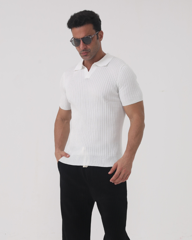 Men's Ribbed Cotton Polo with Mesh Panels and Button Placket