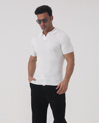 Men's Ribbed Cotton Polo with Mesh Panels and Button Placket