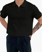 Men's Ribbed Cotton Polo with Mesh Panels and Button Placket - Black