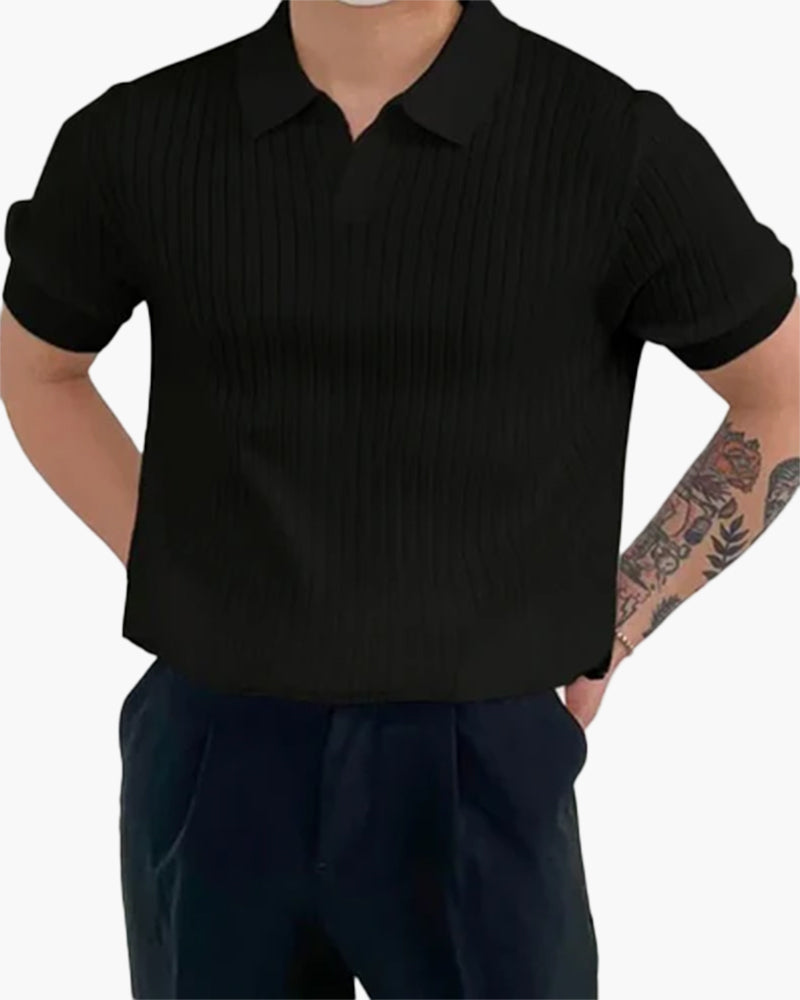 Men's Ribbed Cotton Polo with Mesh Panels and Button Placket - Black