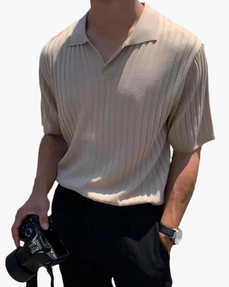 Men's Ribbed Cotton Polo with Mesh Panels and Button Placket - Beige