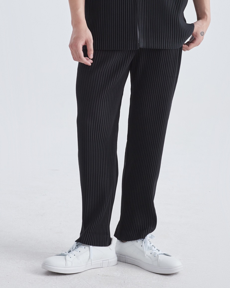 Men's Ribbed Cotton Trousers with Relaxed Baggy Fit - Black