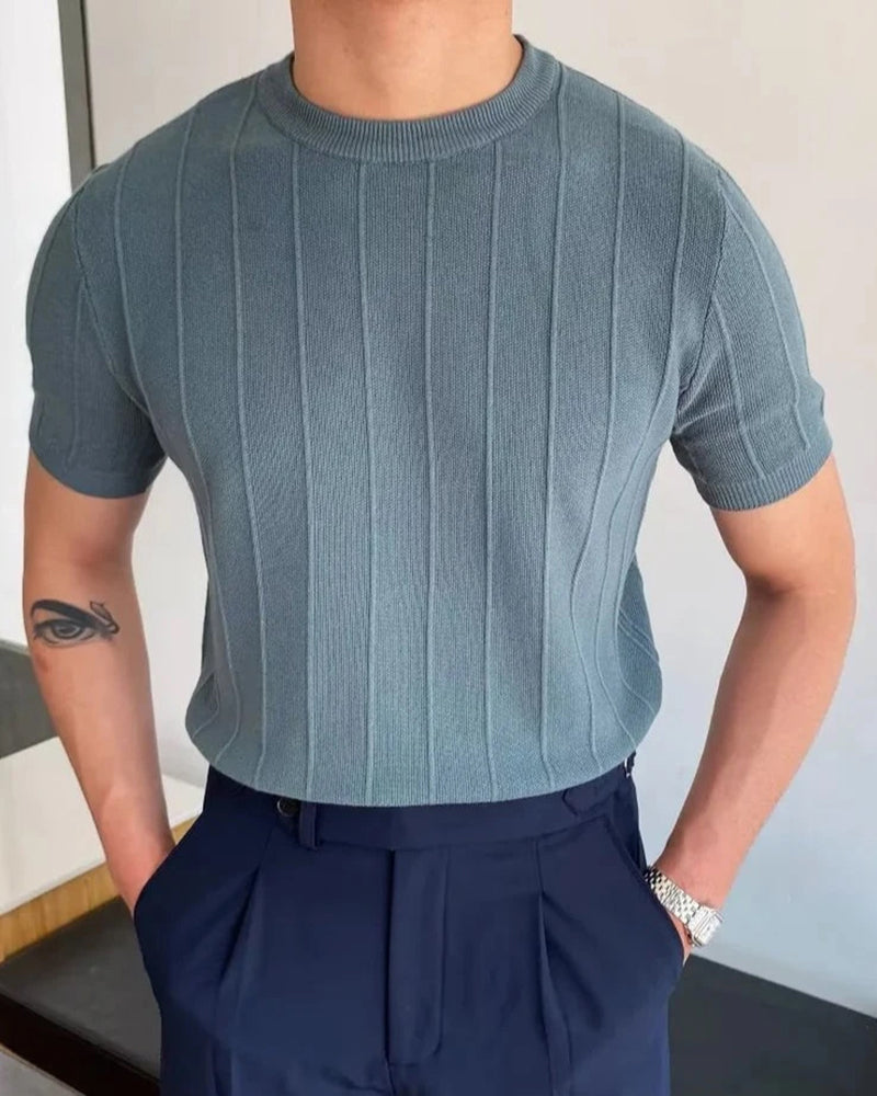 Men's Ribbed Linen-Cotton T-Shirt with Crew Neck - Blue