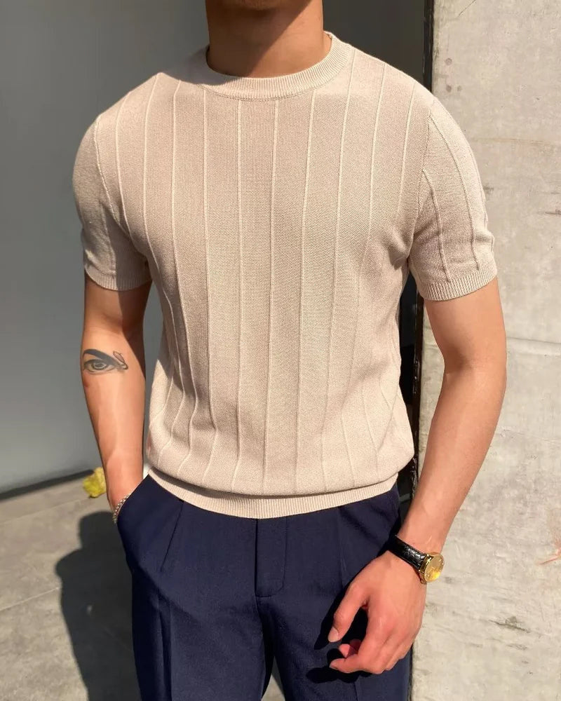 Men's Ribbed Linen-Cotton T-Shirt with Crew Neck - Beige