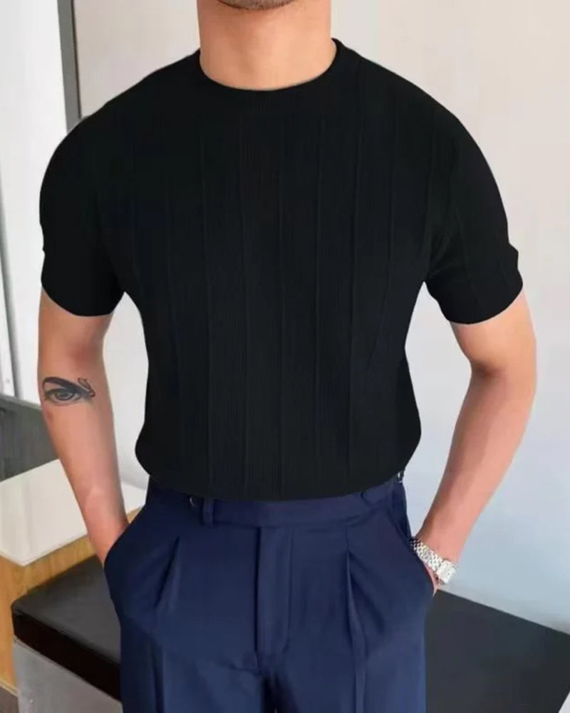 Men's Ribbed Linen-Cotton T-Shirt with Crew Neck - Black