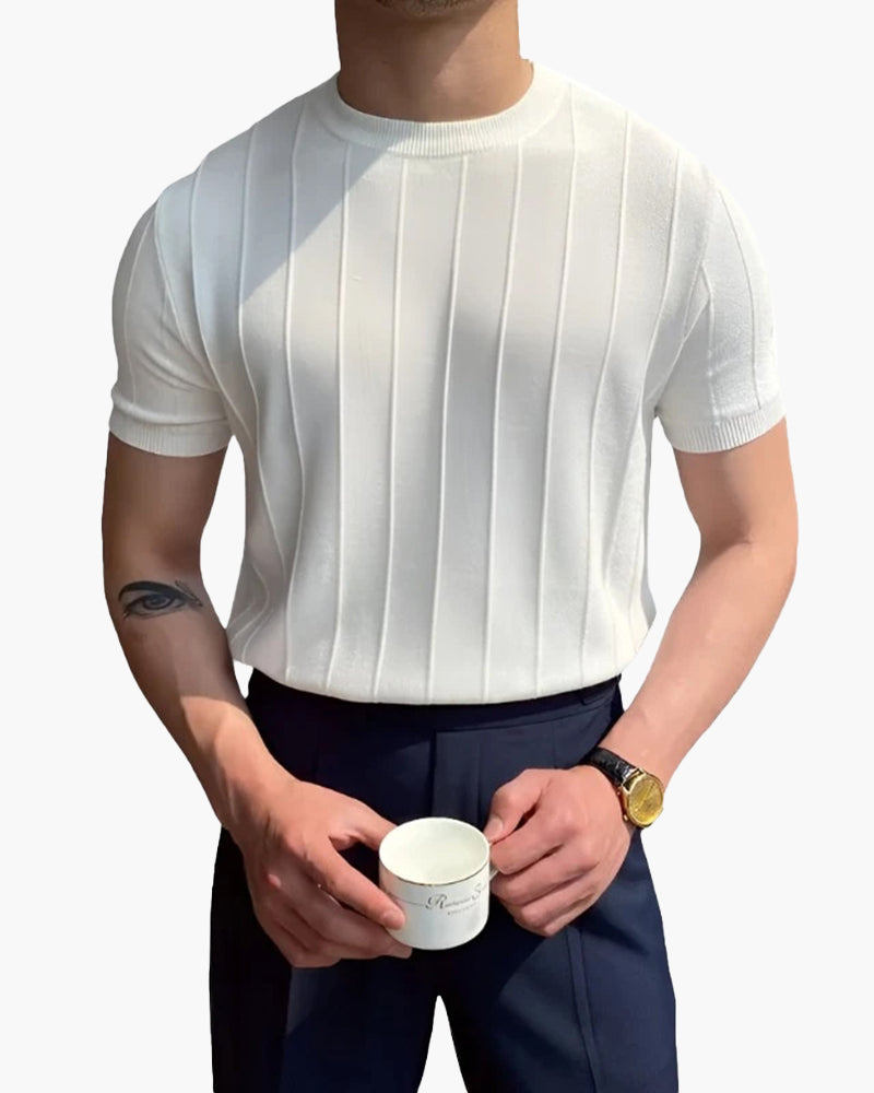 Men's Ribbed Linen-Cotton T-Shirt with Crew Neck - White