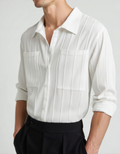 Men's Ribbed Long Sleeve Shirt with Spread Collar and Chest Pockets - White