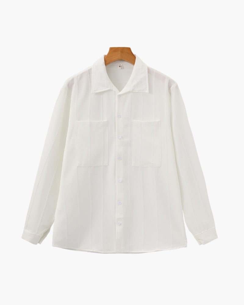 Men's Ribbed Long Sleeve Shirt with Spread Collar and Chest Pockets