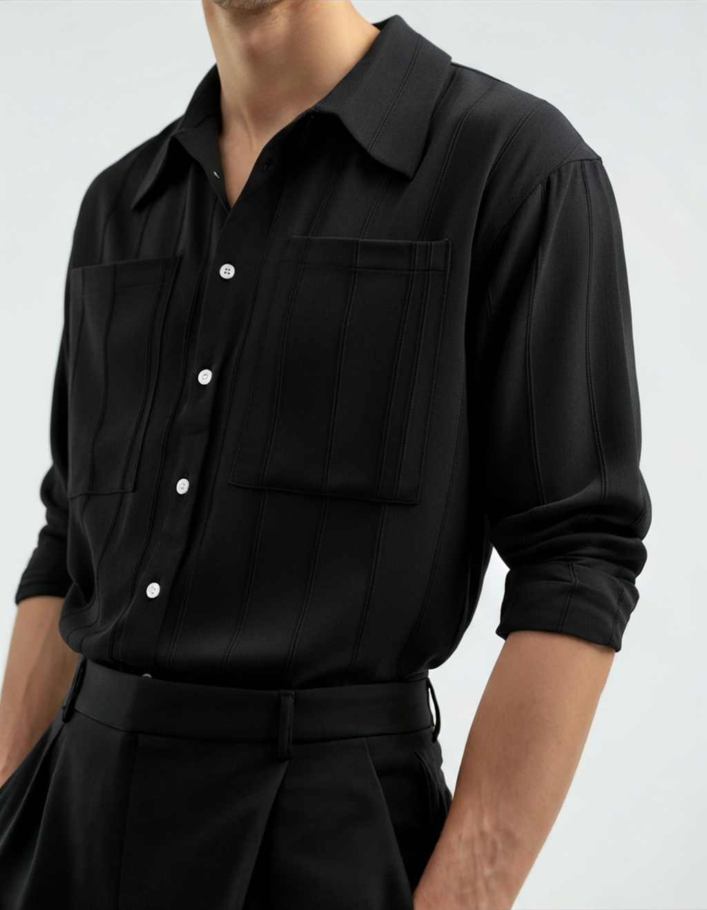 Men's Ribbed Long Sleeve Shirt with Spread Collar and Chest Pockets - Black