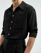 Men's Ribbed Long Sleeve Shirt with Spread Collar and Chest Pockets - Black
