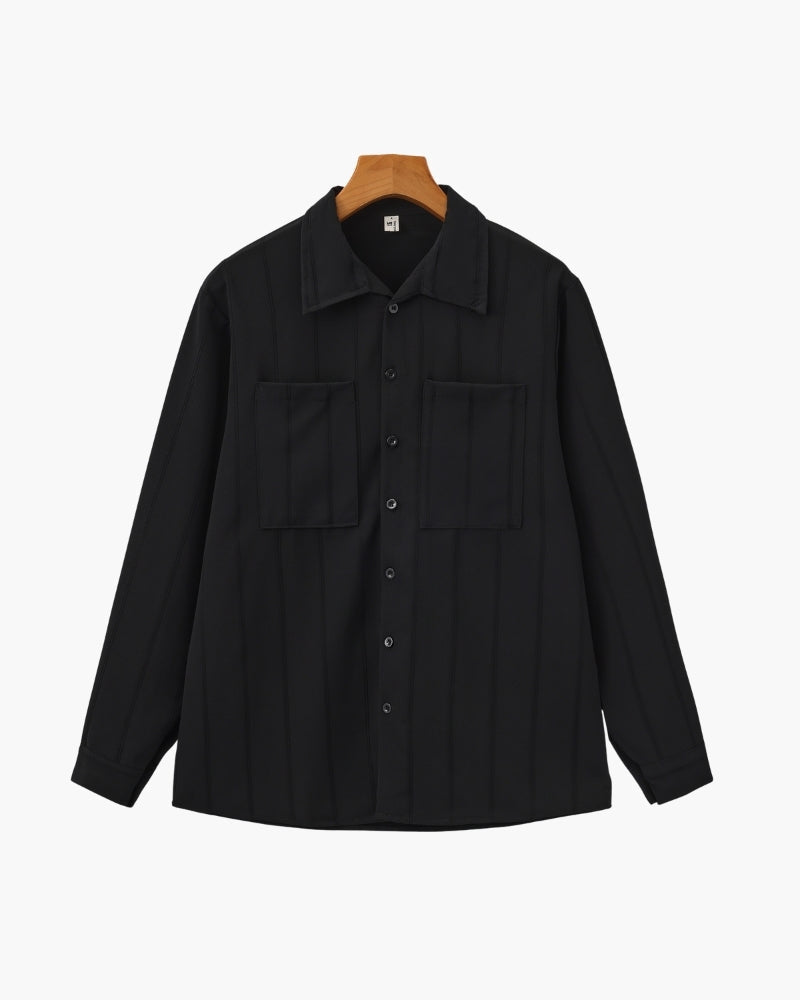 Men's Ribbed Long Sleeve Shirt with Spread Collar and Chest Pockets - Black