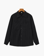 Men's Ribbed Long Sleeve Shirt with Spread Collar and Chest Pockets - Black