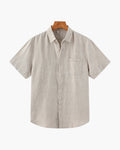 Men's Short Sleeve Linen Shirt with Camp Collar and Chest Pocket - Beige