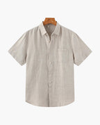 Men's Short Sleeve Linen Shirt with Camp Collar and Chest Pocket - Beige