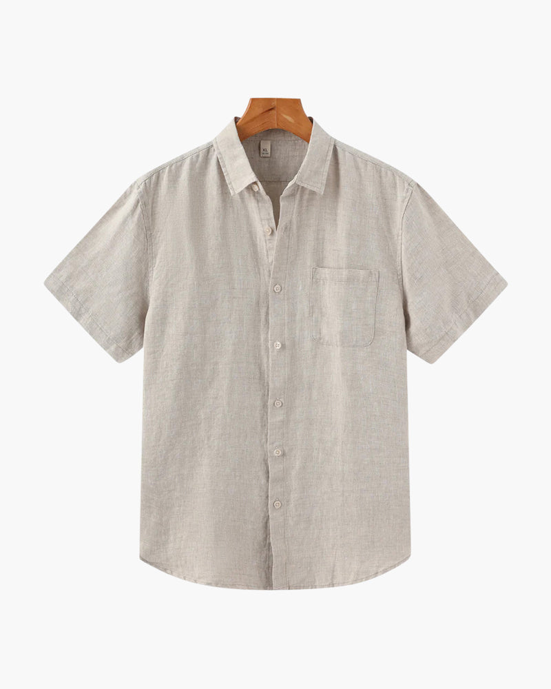 Men's Short Sleeve Linen Shirt with Camp Collar and Chest Pocket - Beige