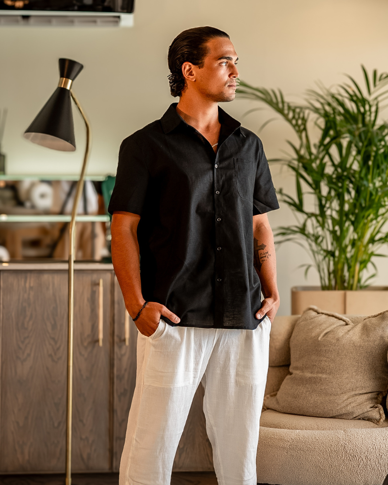 Men's Short Sleeve Linen Shirt with Camp Collar and Chest Pocket