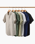 Men's Short Sleeve Linen Shirt with Camp Collar and Chest Pocket