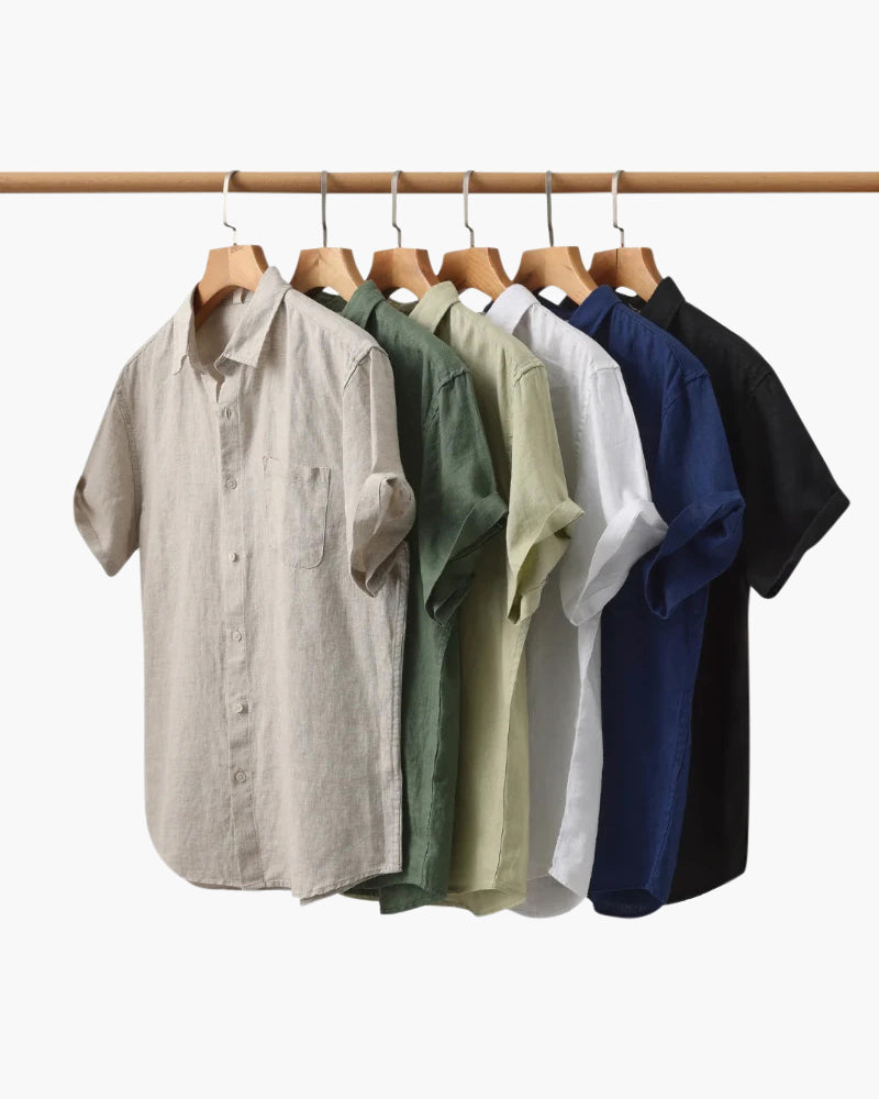 Men's Short Sleeve Linen Shirt with Camp Collar and Chest Pocket