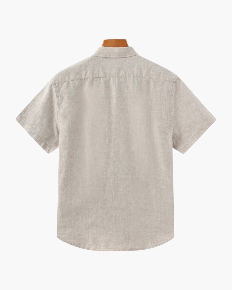Men's Short Sleeve Linen Shirt with Camp Collar and Chest Pocket