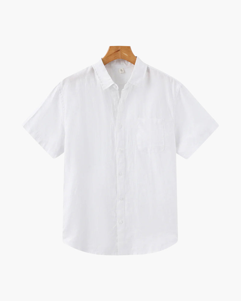 Men's Short Sleeve Linen Shirt with Camp Collar and Chest Pocket - White