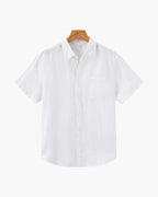 Men's Short Sleeve Linen Shirt with Camp Collar and Chest Pocket - White