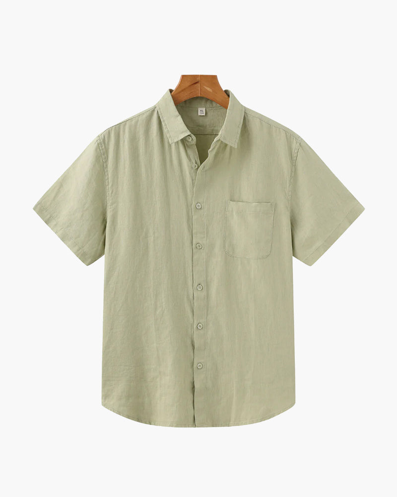 Men's Short Sleeve Linen Shirt with Camp Collar and Chest Pocket - Mint Green
