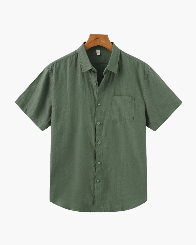 Men's Short Sleeve Linen Shirt with Camp Collar and Chest Pocket - Green