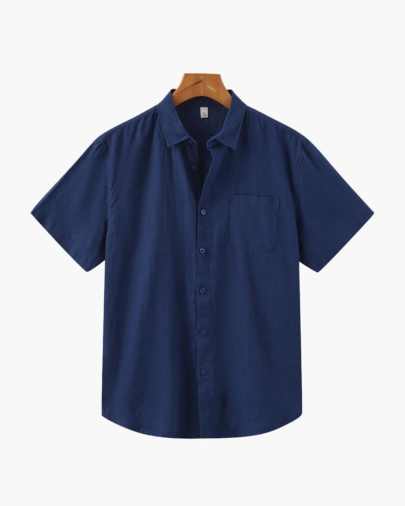 Men's Short Sleeve Linen Shirt with Camp Collar and Chest Pocket - Blue