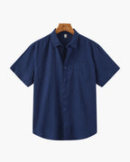 Men's Short Sleeve Linen Shirt with Camp Collar and Chest Pocket - Blue