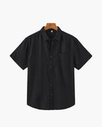 Men's Short Sleeve Linen Shirt with Camp Collar and Chest Pocket - Black
