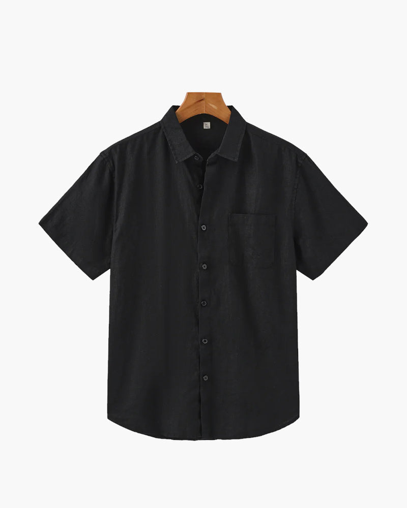 Men's Short Sleeve Linen Shirt with Camp Collar and Chest Pocket - Black