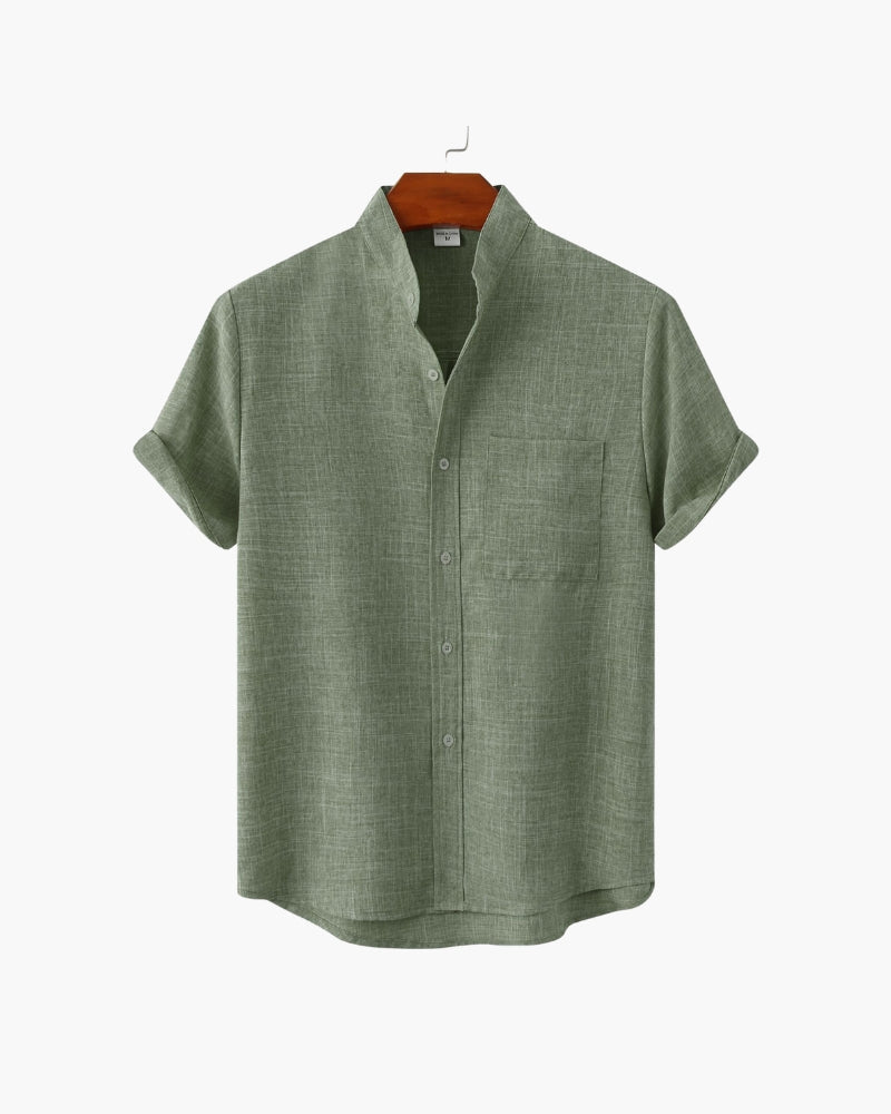 Men's Short Sleeve Mandarin Collar Shirt with Relaxed Silhouette - Green