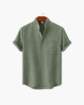 Men's Short Sleeve Mandarin Collar Shirt with Relaxed Silhouette - Green