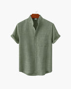 Men's Short Sleeve Mandarin Collar Shirt with Relaxed Silhouette - Green