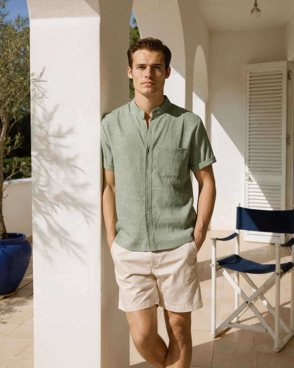 Men's Short Sleeve Mandarin Collar Shirt with Relaxed Silhouette