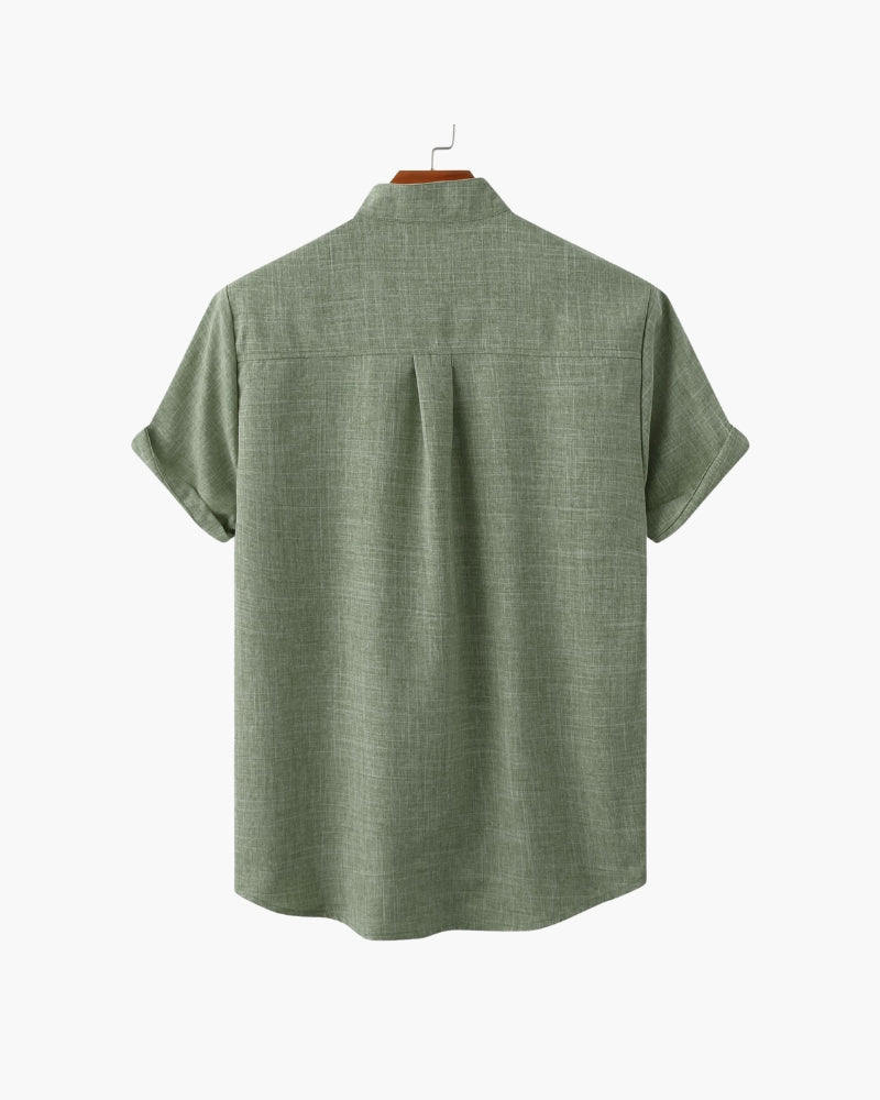 Men's Short Sleeve Mandarin Collar Shirt with Relaxed Silhouette